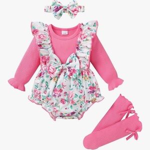 Baby Girl  (9-12 Month) Floral Ribbed Ruffled Romper Jumpsuit Bowknot  Set